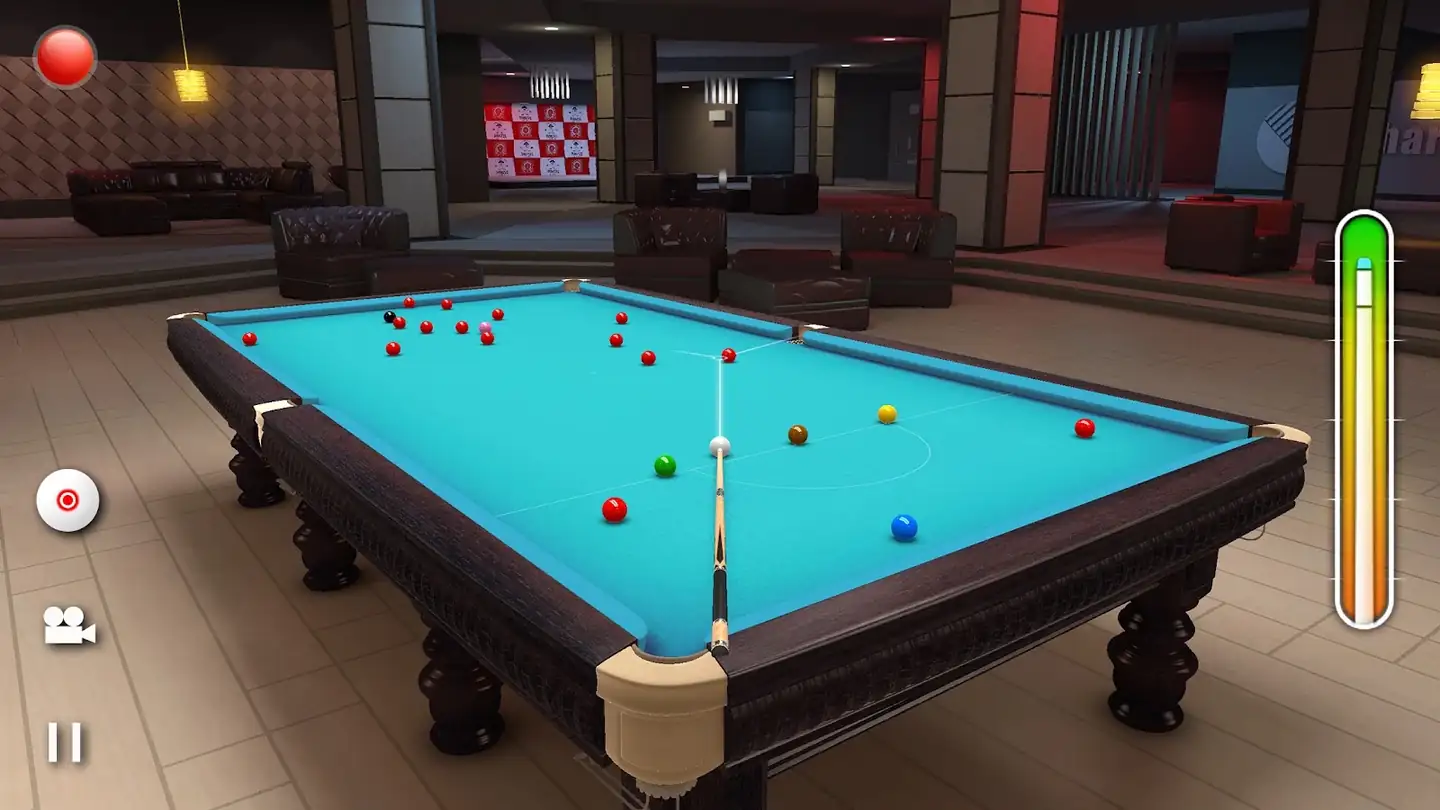 Mesa de snooker iluminada num salão do simulador Real Snooker 3D