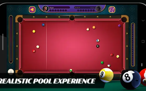 Mesa de bilhar com pano vermelho e bolas espalhadas em 8 Ball Billiards Offline Pool