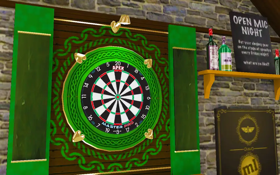 Alvo de dardos montado numa parede de madeira em Darts Match Live!