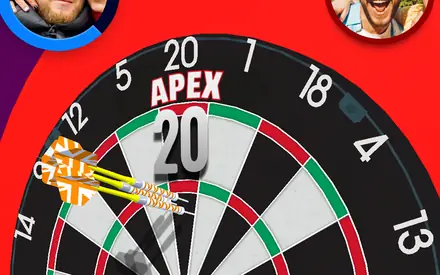 Três dardos cravados junto ao vinte no alvo de Darts Match Live!