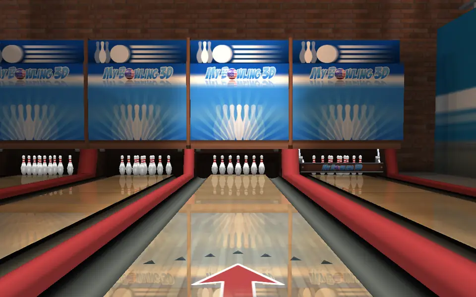 Pista de boliche com os dez paus alinhados ao fundo em My Bowling 3D