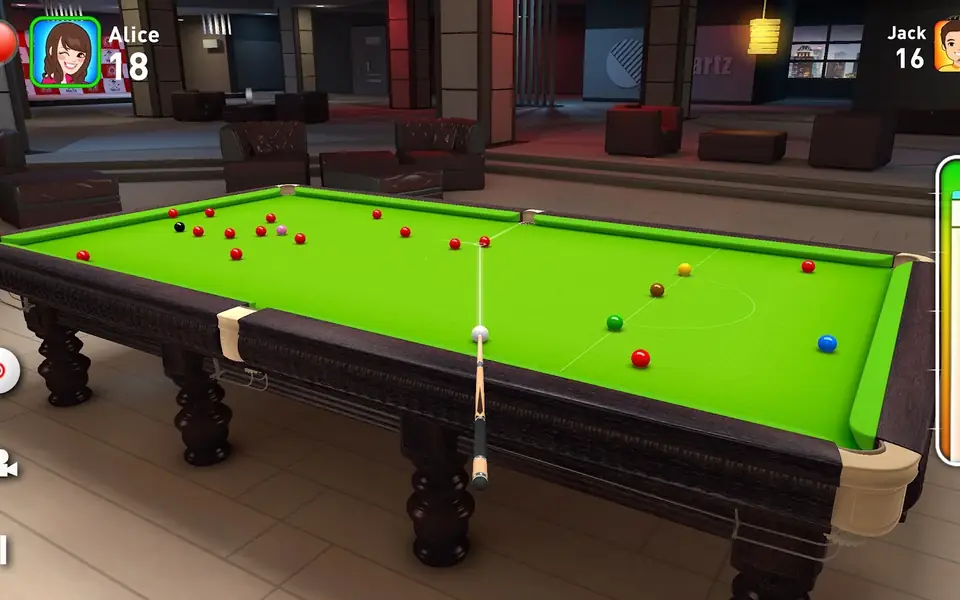 Mesa de snooker verde vista de topo com as bolas colocadas em Real Snooker 3D