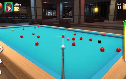 Mesa de snooker com pano dourado e taco em posição em Real Snooker 3D